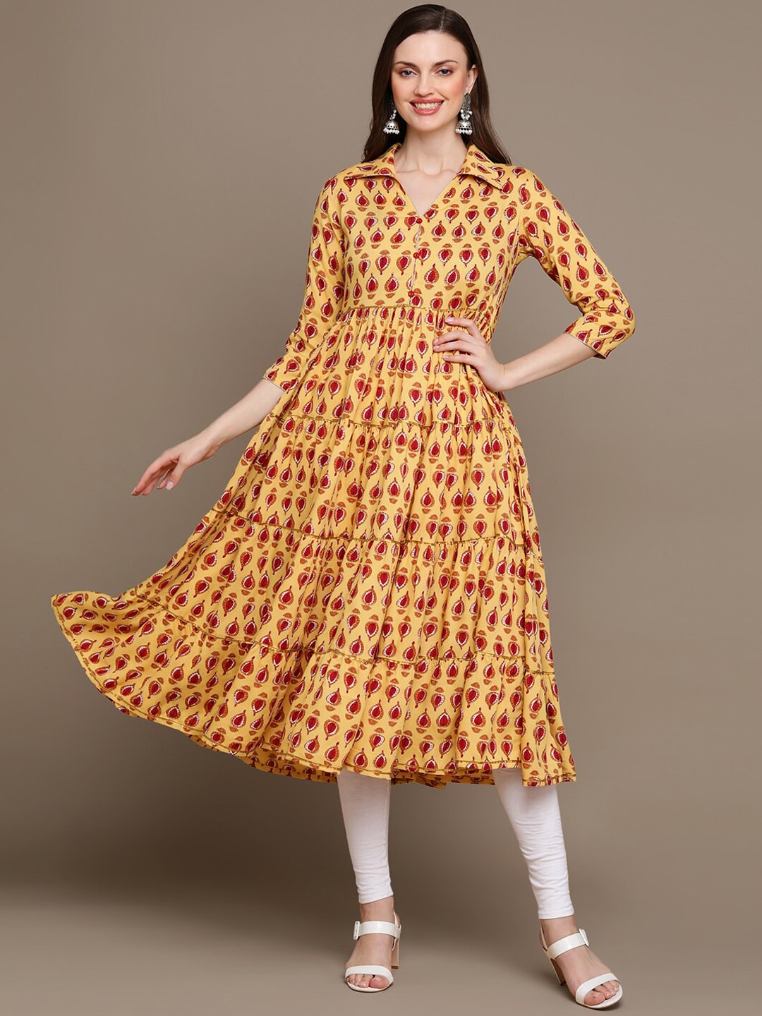 HERE&NOW Ethnic Motifs Printed Shirt Collar Pure Cotton Anarkali Kurta - Distacart
