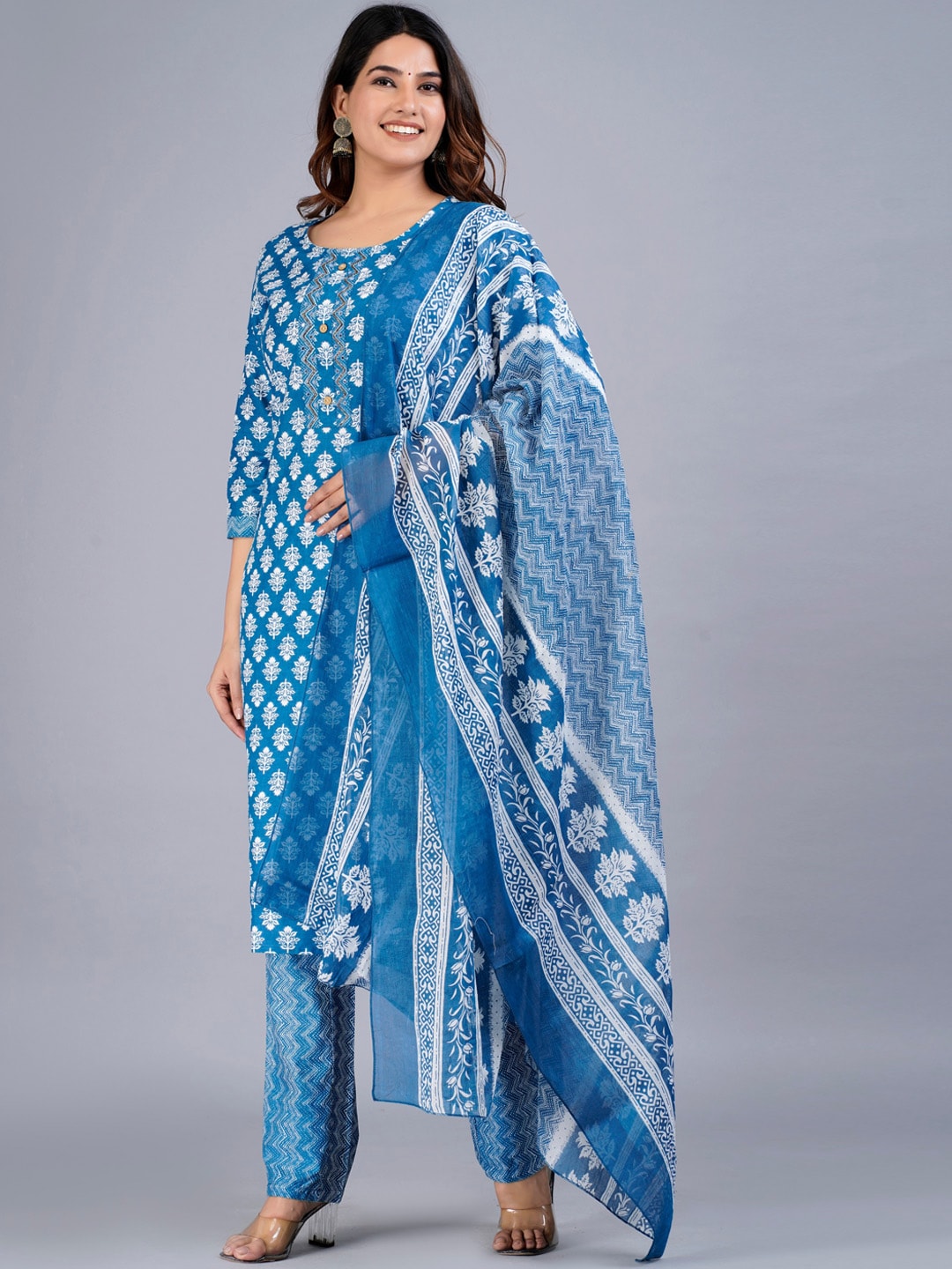 Kalini Floral Printed Beads and Stones Pure Cotton Kurta with Trousers & Dupatta - Distacart