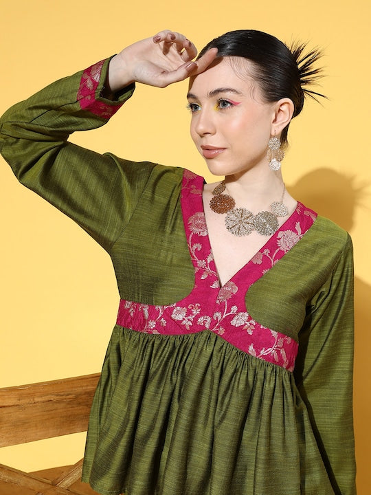InWeave Women's Olive Pink Brocade Mughal Shaan Kurta Palazzo Set - Distacart