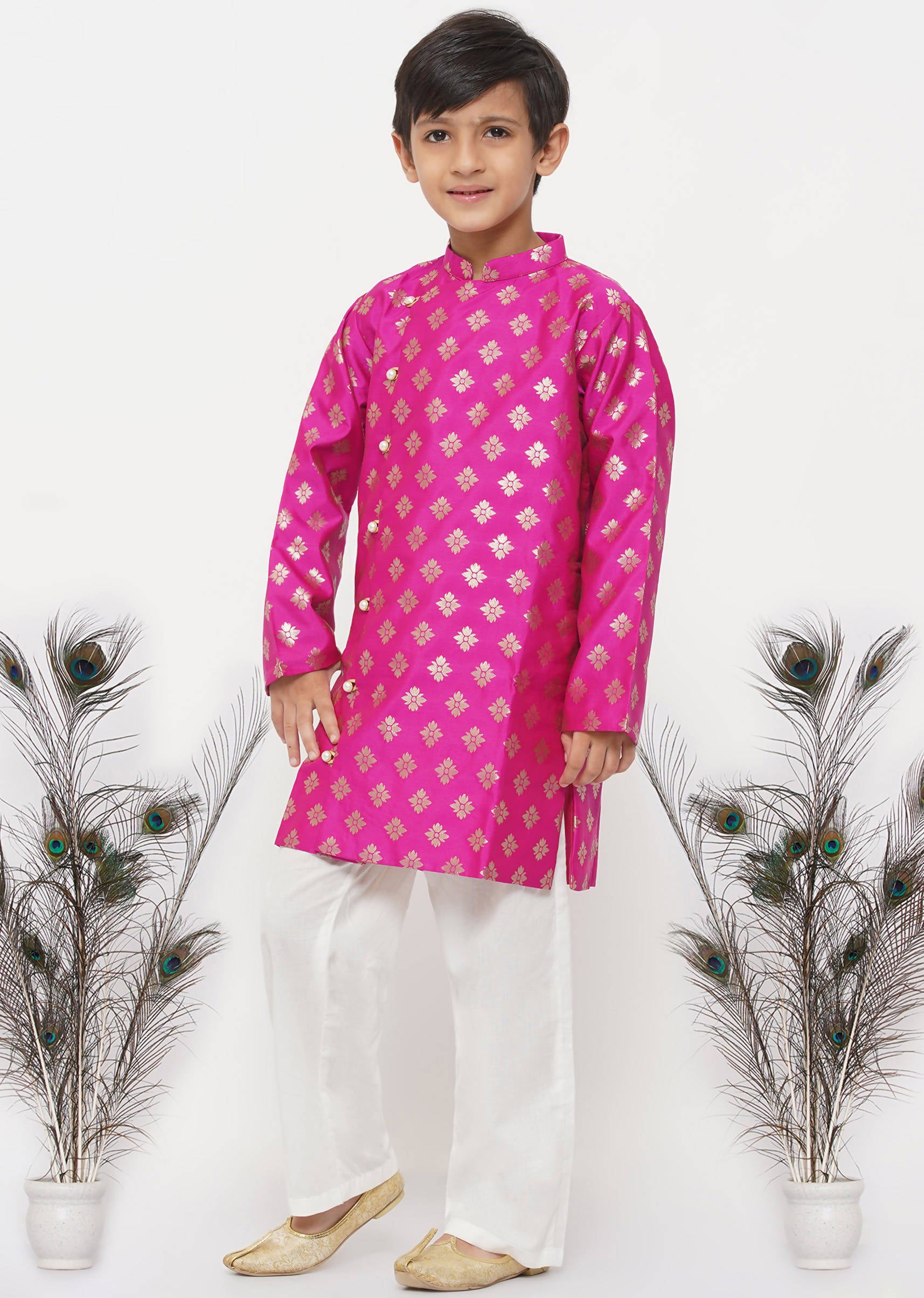 Little Bansi Banarsi Silk Sherwani & Pyjama - Magenta & Cream - Distacart