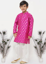 Thumbnail for Little Bansi Banarsi Silk Sherwani & Pyjama - Magenta & Cream - Distacart