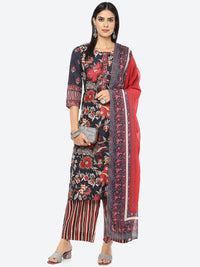 Thumbnail for Biba Women Charcoal Floral Printed Kurta with Palazzo & Dupatta - Distacart