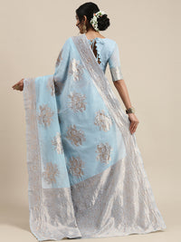 Thumbnail for Saree Mall Turquoise Blue Floral Linen Blend Banarasi Saree - Distacart
