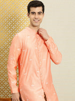 Thumbnail for House of Pataudi Men Peach-Coloured Floral Embroidered A-Line Kurta - Distacart