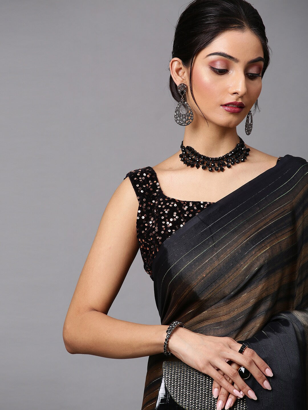 Mitera Black & Tan Striped Party Wear Saree - Distacart