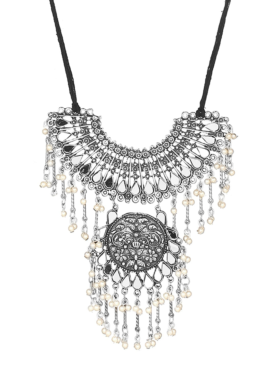 Cardinal Silver-Toned Mirror Studded & Beaded Oxidised Choker Jewellery Set - Distacart