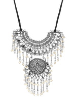 Thumbnail for Cardinal Silver-Toned Mirror Studded & Beaded Oxidised Choker Jewellery Set - Distacart