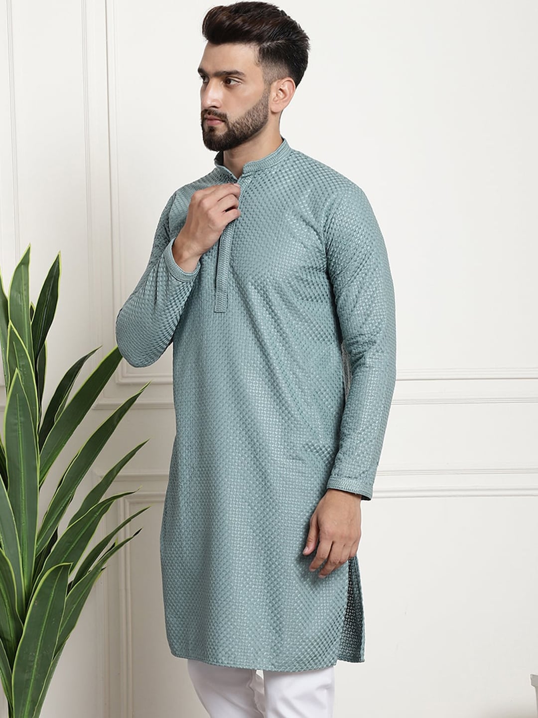Sojanya Woven Design Mandarin Collar Straight Cotton Kurta - Distacart