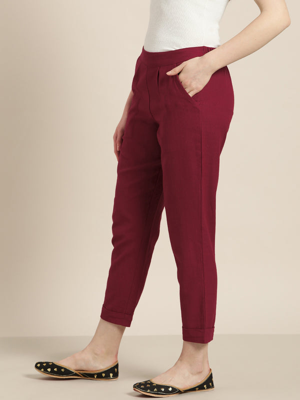 Jaipur Kurti Women Maroon Solid Cropped Easy Wash Regular Trousers - Distacart
