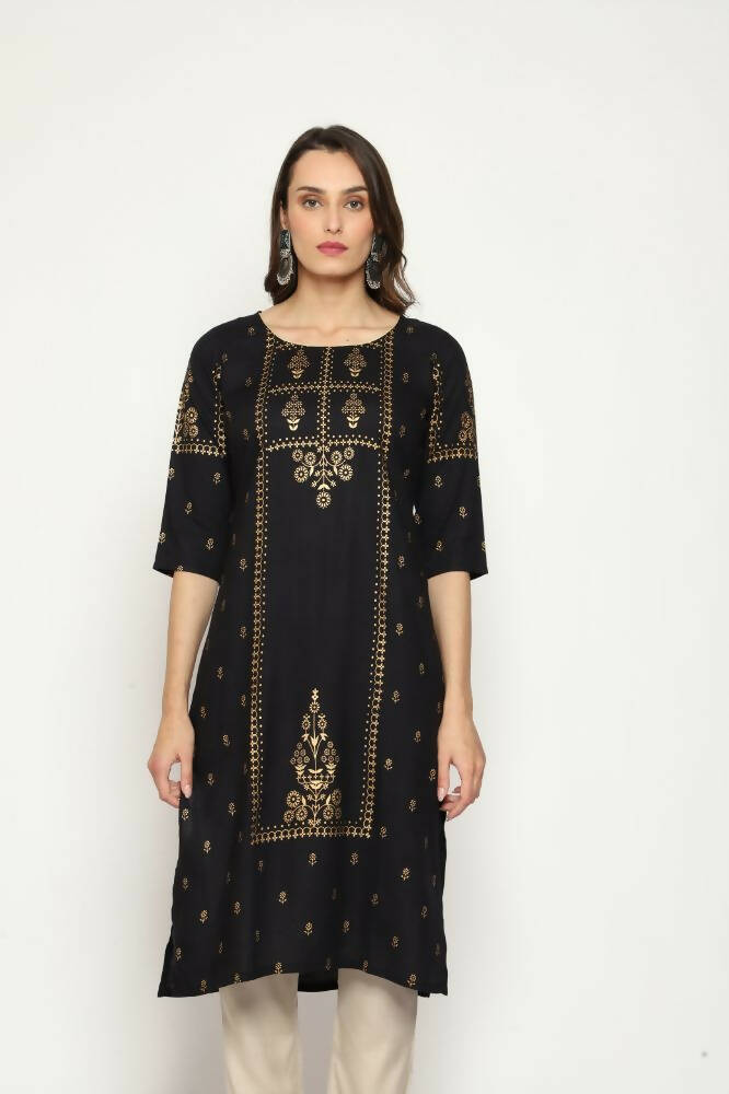 Maai Rayon Hand Printed Kurta Black - Distacart