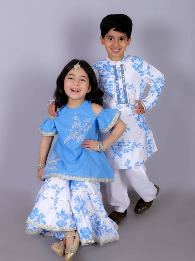 Lil Drama Ethnic Girls Blue Cotton Kurta with Sharara Set - Distacart