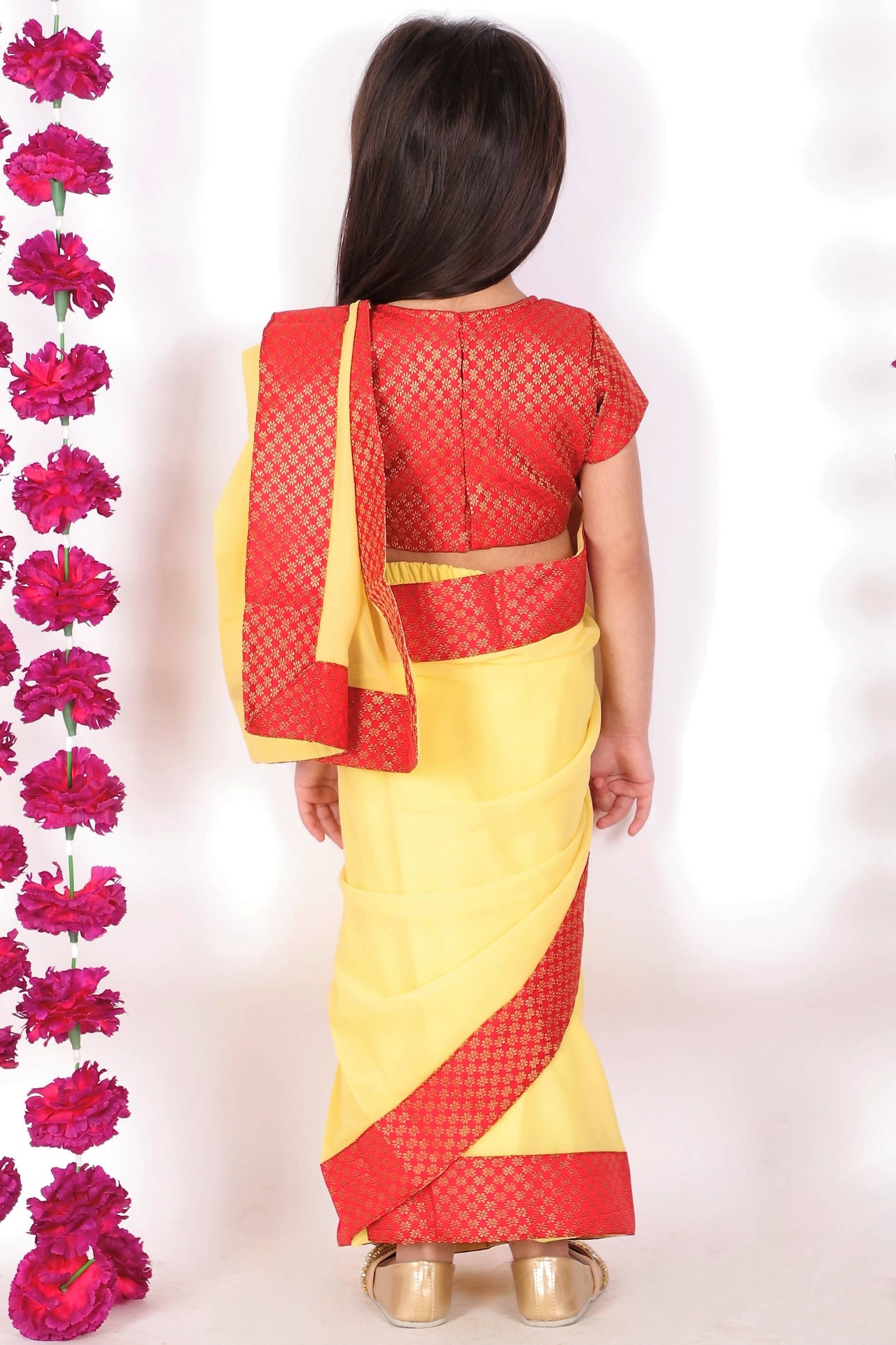 Little Bansi Red and Yellow Color Saree with Floral Brocade Blouse