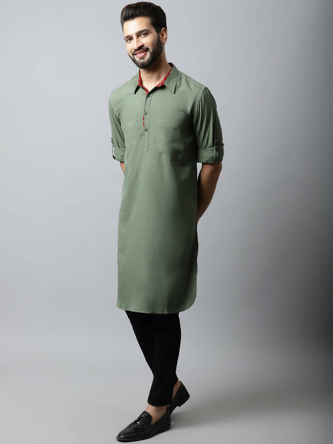 Even Apparels Green Color Linen Solid Men's Kurta With Shirt Collar (LN944) - Distacart