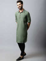 Thumbnail for Even Apparels Green Color Linen Solid Men's Kurta With Shirt Collar (LN944) - Distacart