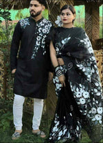 Thumbnail for Exclusive Collection Elegant Hand Printing Designe On Pure Cotton Saree And Men's Kurta - Black - Distacart