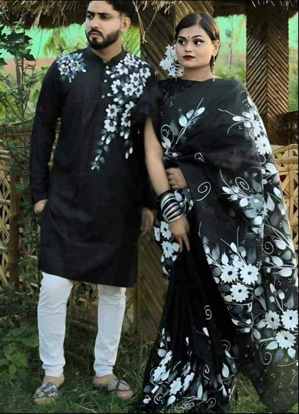 Exclusive Collection Elegant Hand Printing Designe On Pure Cotton Saree And Men's Kurta - Black - Distacart