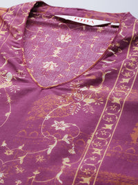 Thumbnail for Biba Women Purple & Brown Pure Cotton Ethnic Motifs Printed V-Neck Sleeveless Kurta - Distacart