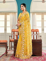 Thumbnail for Tikhi Imli Yellow Ethnic Motifs Beads and Stones Embroidered Saree - Distacart