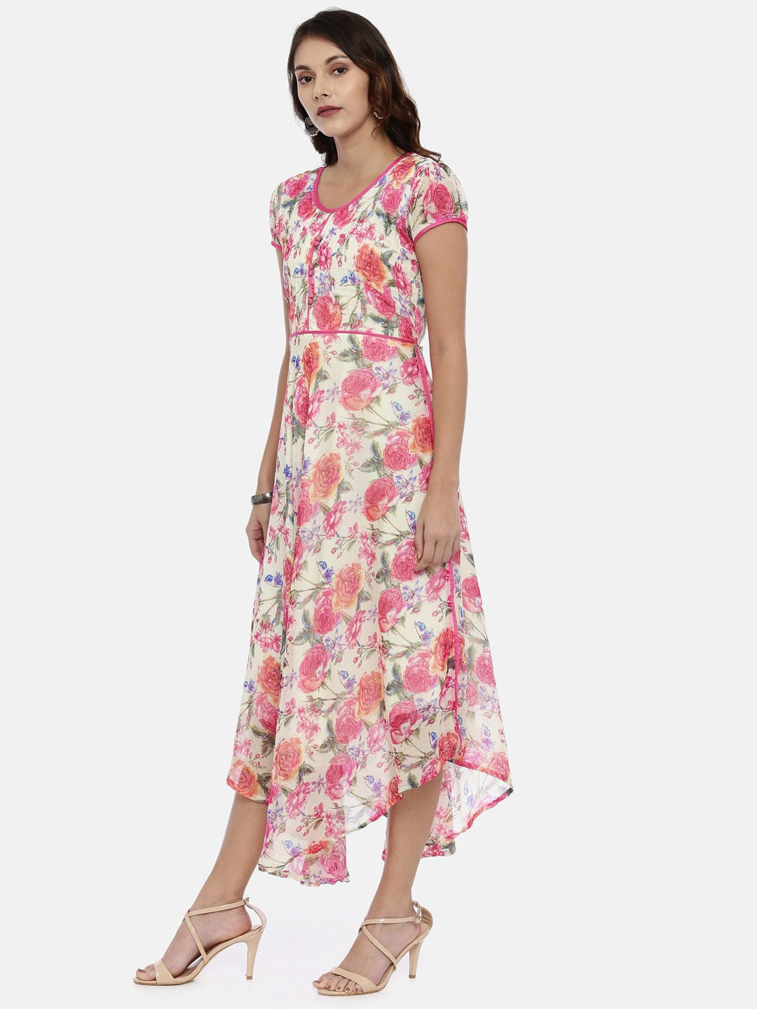 Souchii Off-White & Pink Floral Printed A-Line Dress - Distacart
