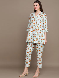 Thumbnail for HERE&NOW Floral Printed Lace Inserted V-Neck Kurti with Trousers - Distacart