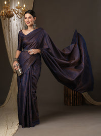 Thumbnail for Saree Mall Navy Blue & Gold-Toned Woven Design Zari Silk Blend Banarasi Sarees - Distacart