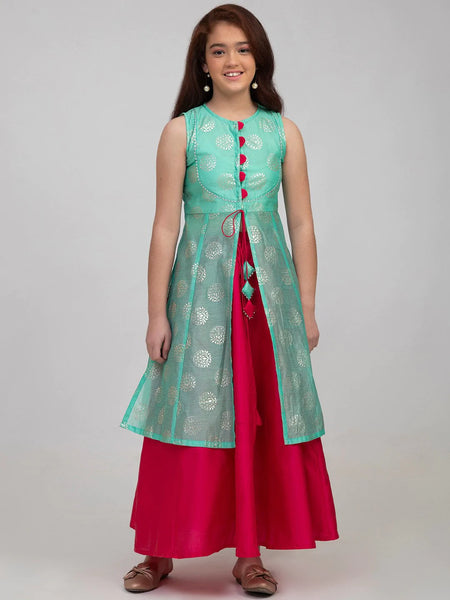 NOZ2TOZ Sea Green & Pink Printed Foil Print Ready to Wear Lehenga Choli For Girls - Distacart