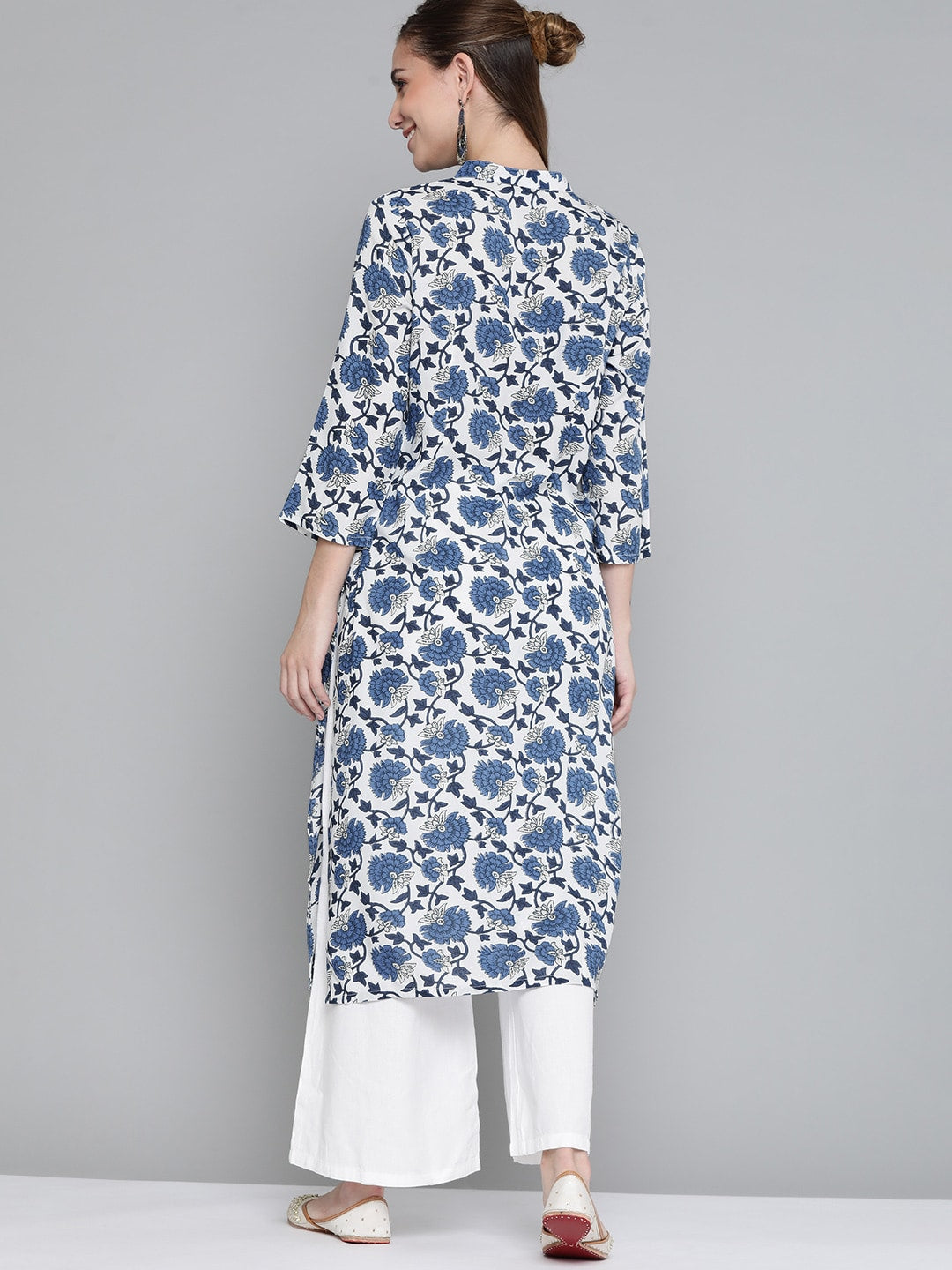 HERE&NOW Women White & Navy Blue Ethnic Motifs Printed Kurta - Distacart