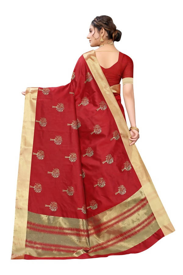 Vamika Red Cotton Polyster Silk Weaving Saree (Kerala Forest)