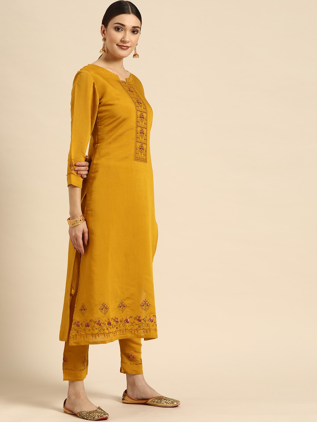 Sangria Women Mustard Yellow & Green Ethnic Motifs Embroidered Cotton Kurta Set - Distacart