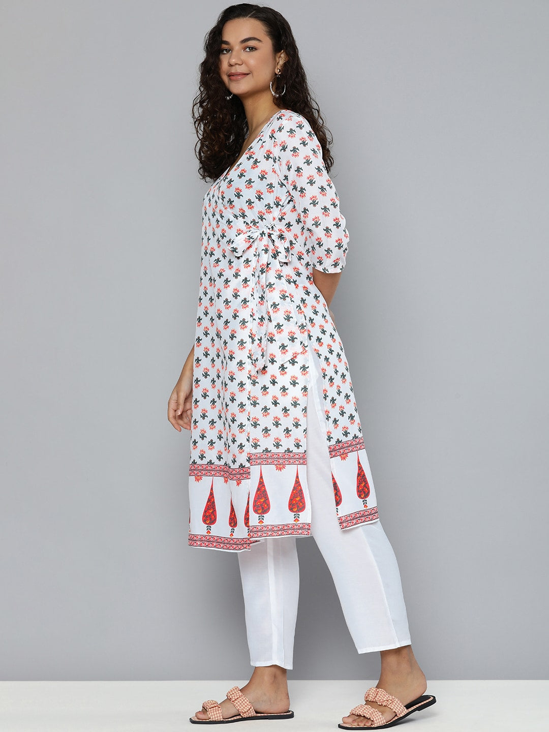 HERE&NOW Women White & Green Floral Printed Angrakha Kurta with Trousers - Distacart