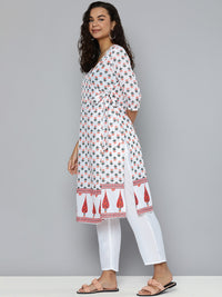 Thumbnail for HERE&NOW Women White & Green Floral Printed Angrakha Kurta with Trousers - Distacart