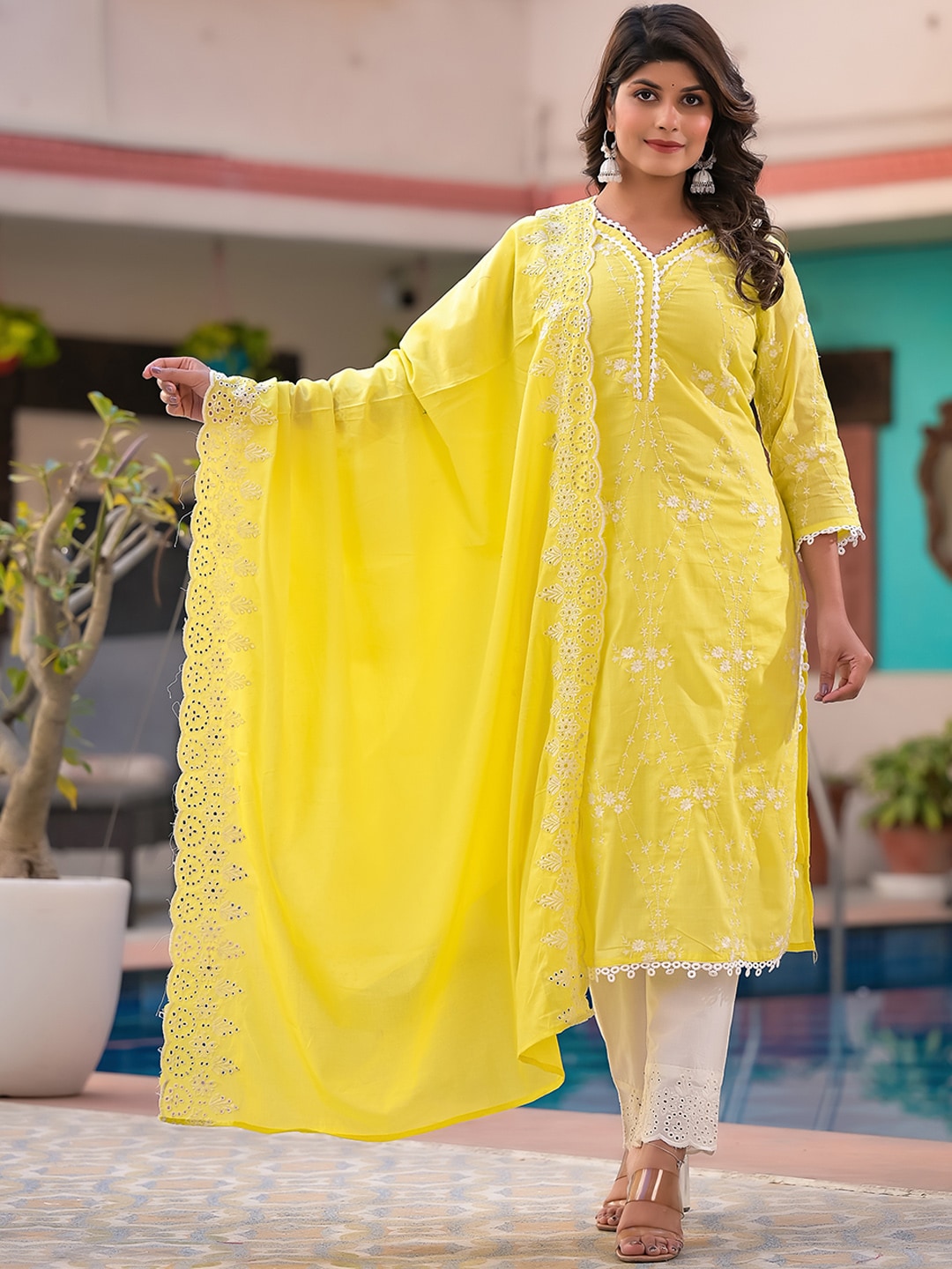 Sangria Yellow Embroidered Pure Cotton Straight Kurta With Trouser & Dupatta - Distacart