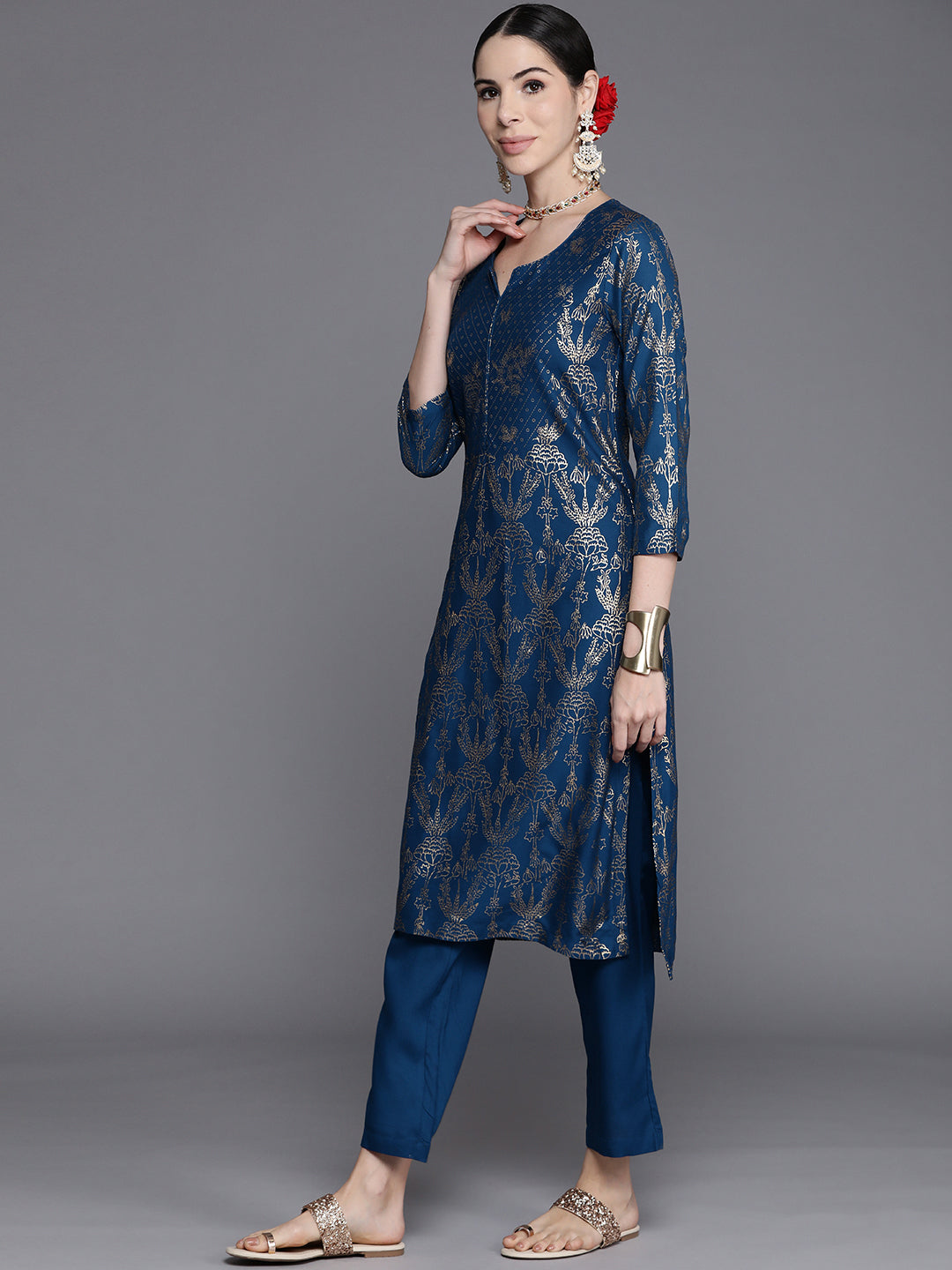 Biba Women Navy Blue & Golden Ethnic Motifs Printed Kurta with Trousers - Distacart