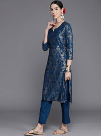Thumbnail for Biba Women Navy Blue & Golden Ethnic Motifs Printed Kurta with Trousers - Distacart