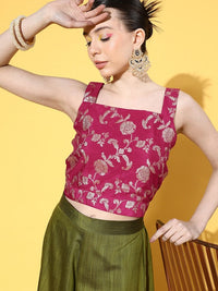 Thumbnail for InWeave Women's Pink Brocade Strappy Top W Olive Pink Brocade Palazzo Set - Distacart