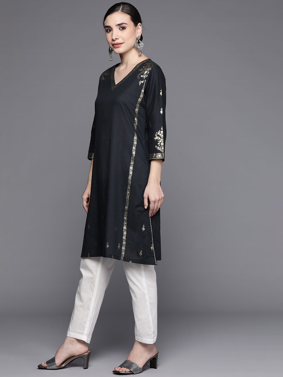 Biba Women Black & Golden Ethnic Motifs Printed Pure Cotton Kurta with Trousers - Distacart