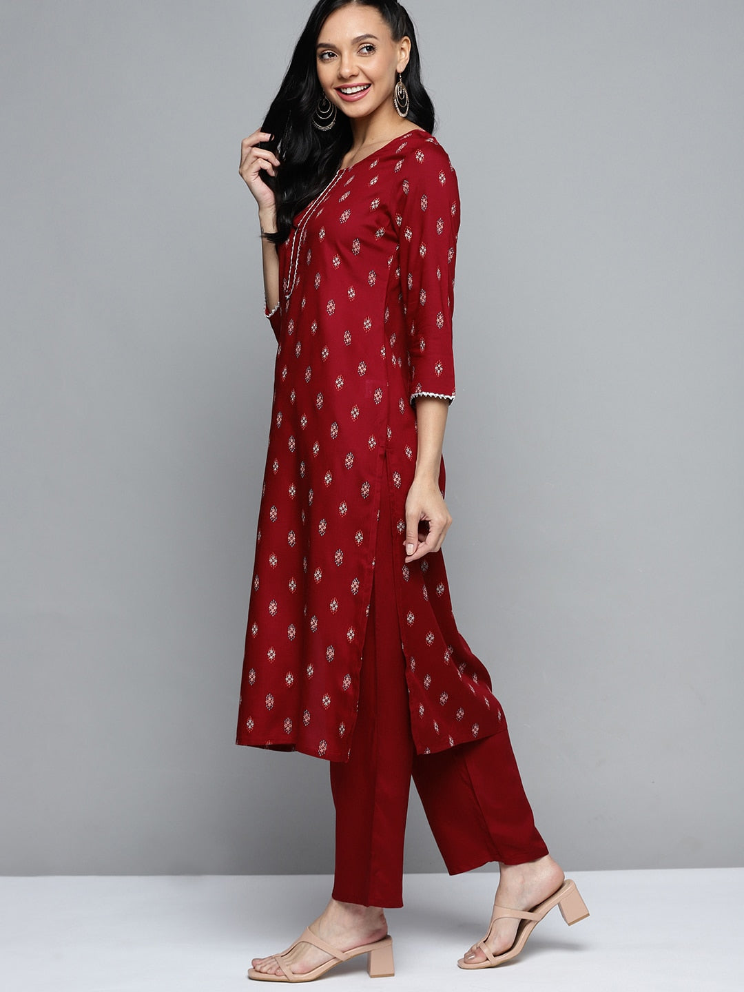 HERE&NOW Women Maroon Ethnic Motifs Printed Regular Kurta with Palazzos - Distacart