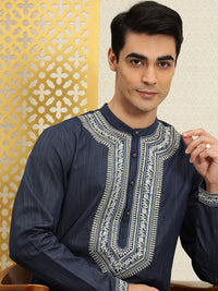 Thumbnail for House of Pataudi Men Navy Blue Embroidered Striped Pattern Jashn Kurta - Distacart