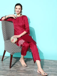 Thumbnail for Sangria Women Floral Embroidered Patchwork Kurta with Trousers - Distacart