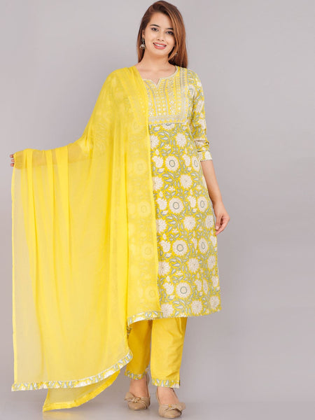 Kalini Women Yellow Floral Printed Pure Cotton Kurta with Trousers & Dupatta - Distacart