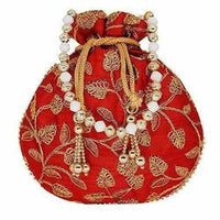 Thumbnail for Ethnic Silk Potli bag Clutch Batwa Pouch with Embroidery and Metal Bead work Gift For Women - Distacart