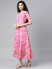 Thumbnail for Souchii Pink & peaches n cream Floral Layered Chiffon Midi Dress - Distacart