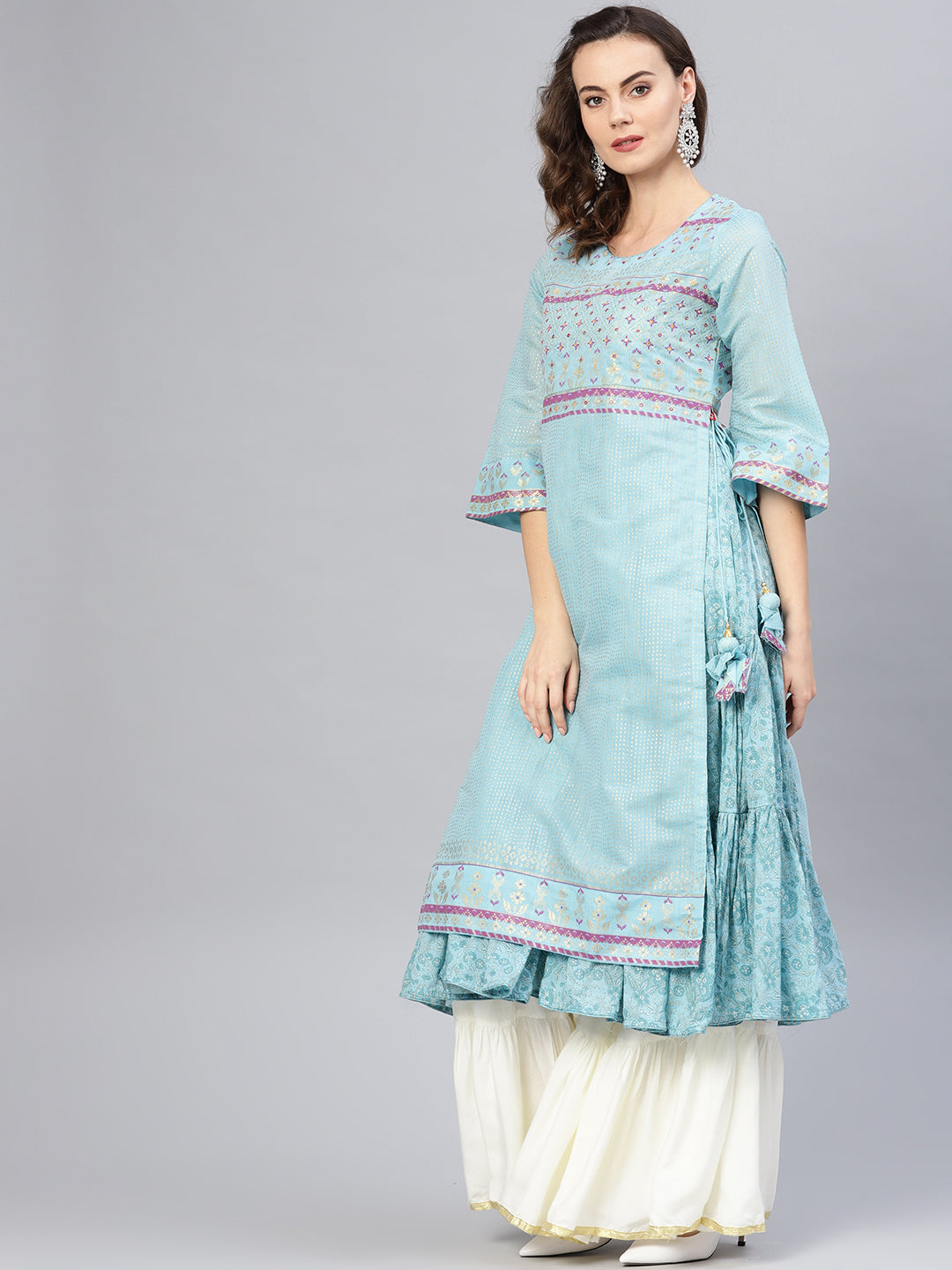Biba Women Blue & Golden Printed Tiered Layered A-Line Kurta - Distacart
