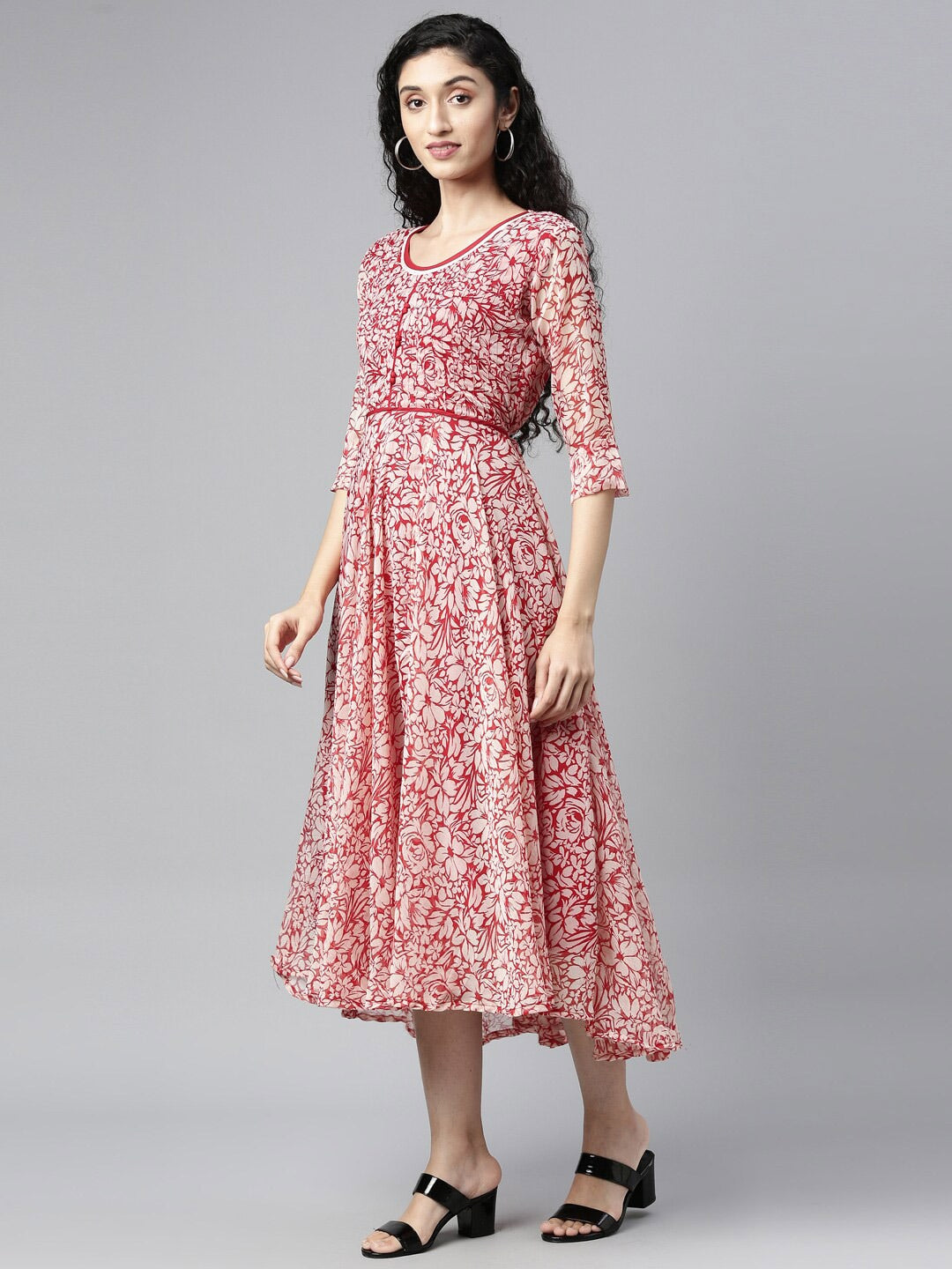 Souchii White & Red Floral Layered Chiffon Midi Dress - Distacart