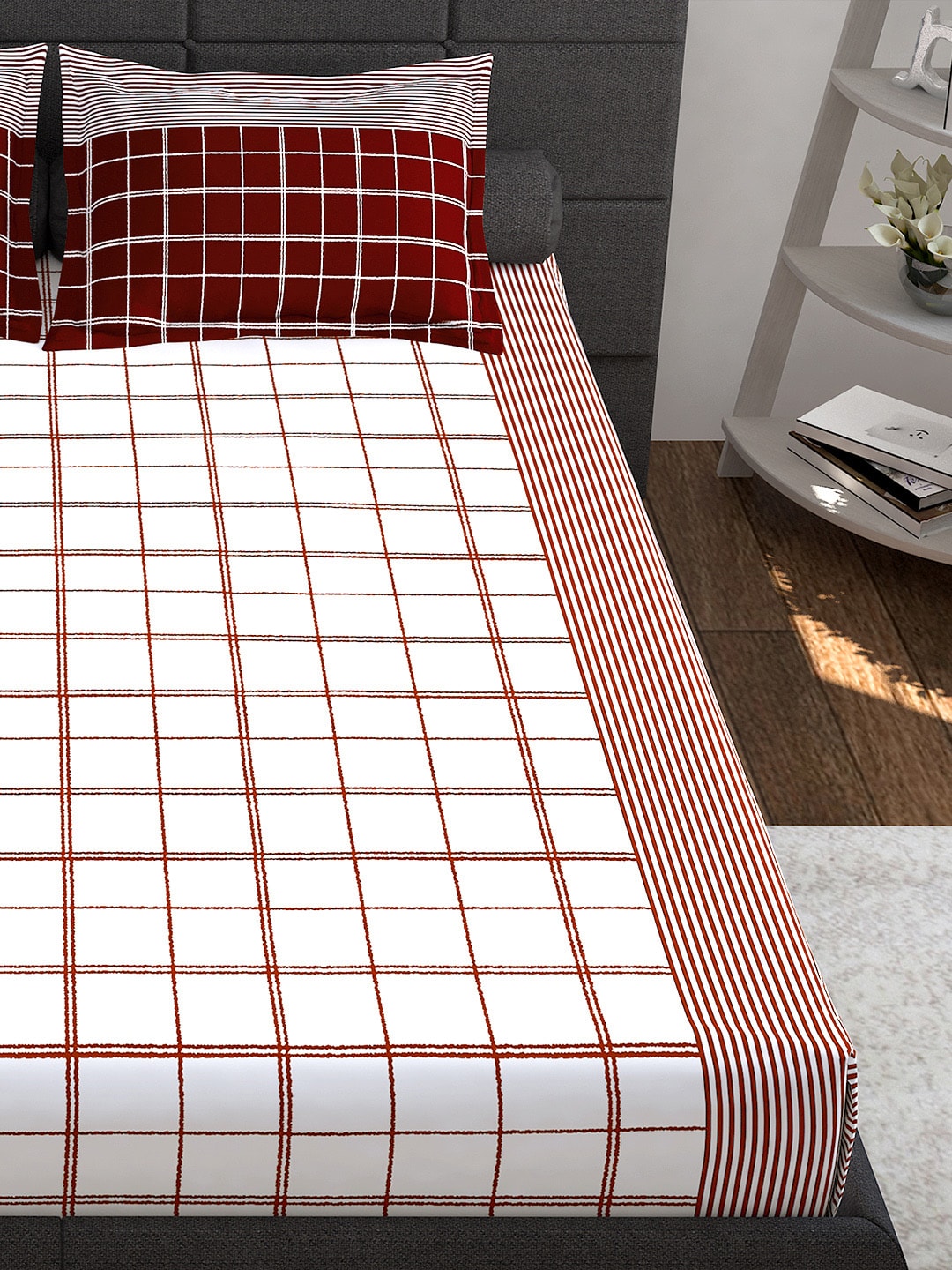 Story@home Maroon & White Geometric 152 TC Queen Bedsheet with 2 Pillow Covers - Distacart