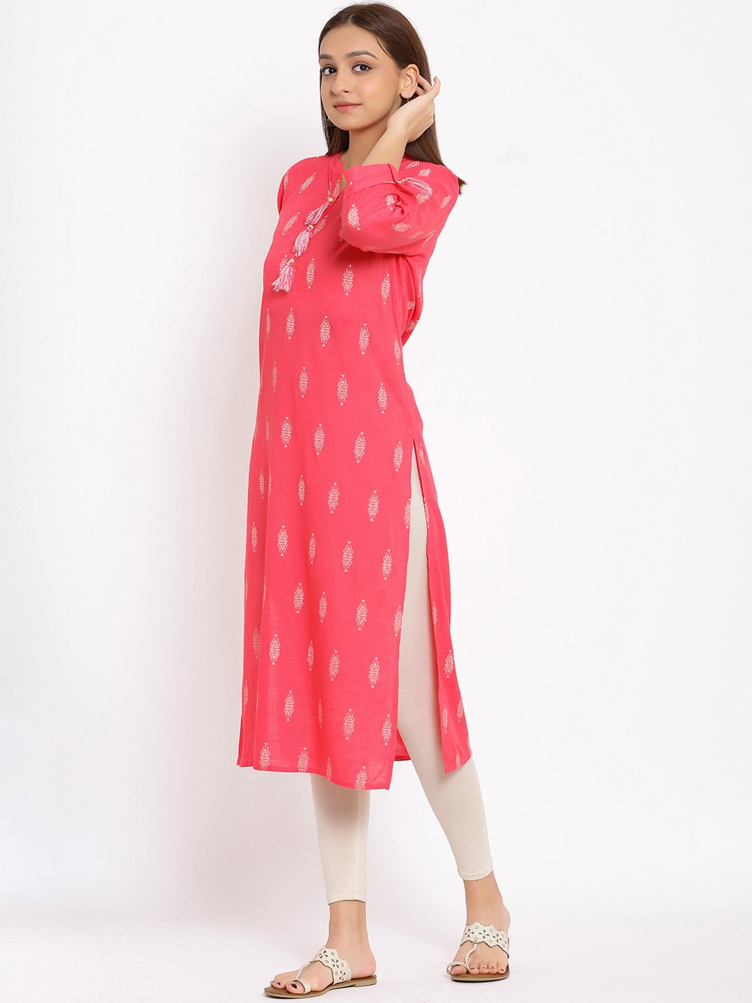 HERE&NOW Pink Mandarin Collar Ethnic Motifs Printed Pure Cotton Kurta - Distacart