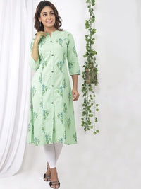 Thumbnail for Sangria Green Floral Printed Panelled Cotton Kurta - Distacart