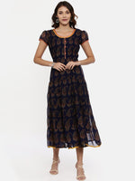 Thumbnail for Souchii Navy Blue Printed Fit and Flare Dress - Distacart