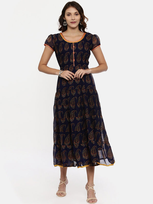 Souchii Navy Blue Printed Fit and Flare Dress - Distacart