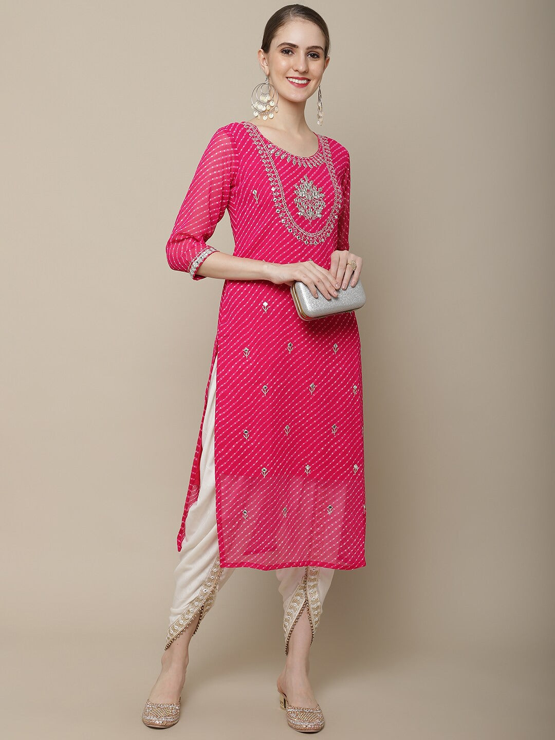 Sangria Women Pink Floral Embroidered Georgette Straight Kurta - Distacart